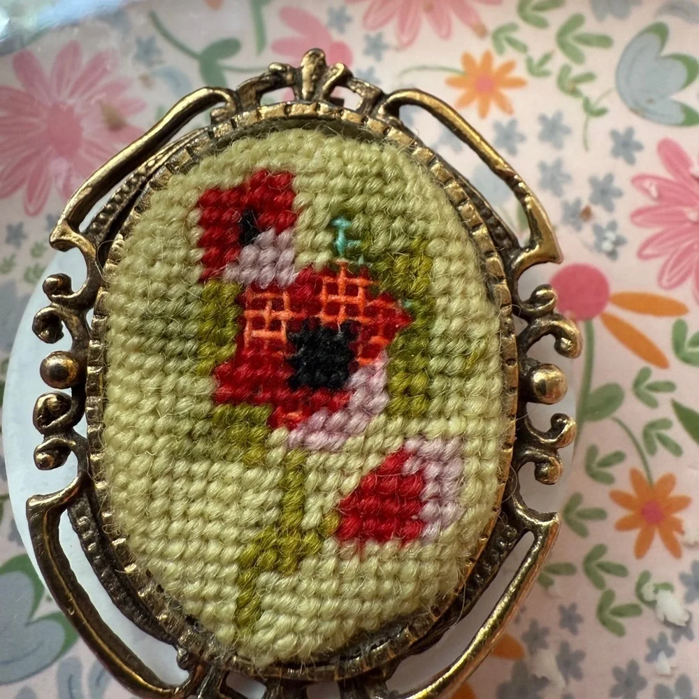 Vintage 1970’s Floral Needlepoint Brooch or Pendant with Gold Frame